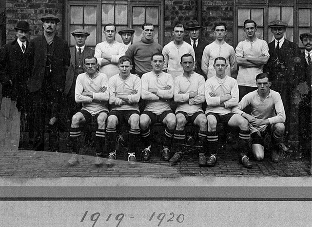 Back row (players only) Joe Brough, Alf Bourne, unknown, unknown, Peter Pursell Front row: unknown, unknown, Billy Briscoe, Tom Holford (player manage