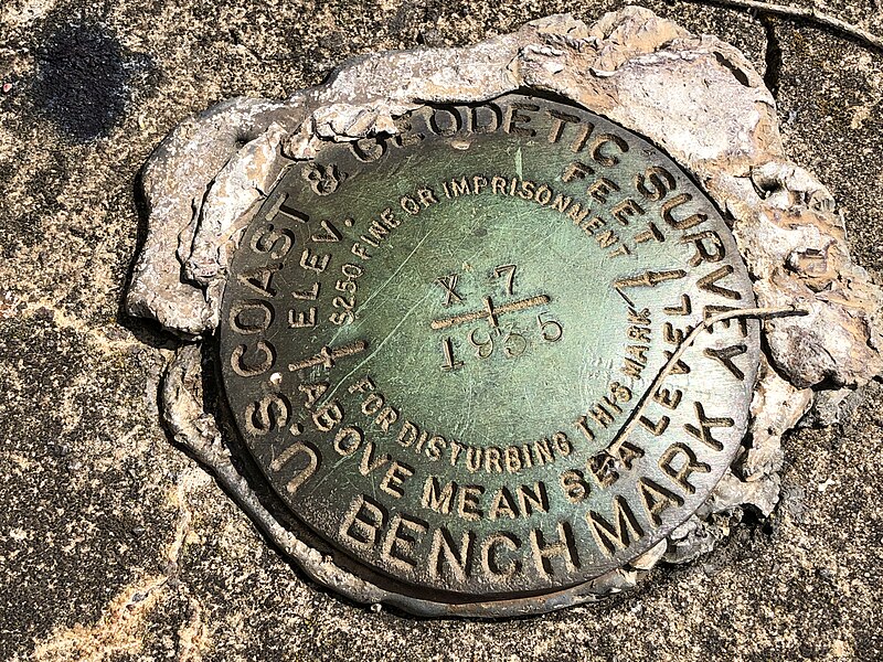 File:2022-06-21 15 57 18 U.S. Coast and Geodetic Survey Marker on an abandoned railroad overpass over Maryland State Route 303 (Tappers Corner Road) in Cordova, Talbot County, Maryland.jpg