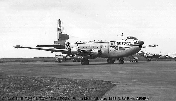 Douglas C-124A Globemaster II, AF Ser. No. 51-5174 of the 60th Troop Carrier Wing, August 1966. This aircraft was sent to AMARC in November 1969
