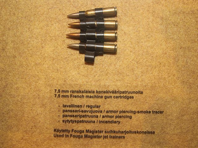 Belted 7.5×54mm French ammunition for use in the MAC 52 aircraft variant of the AA-52 machine gun.