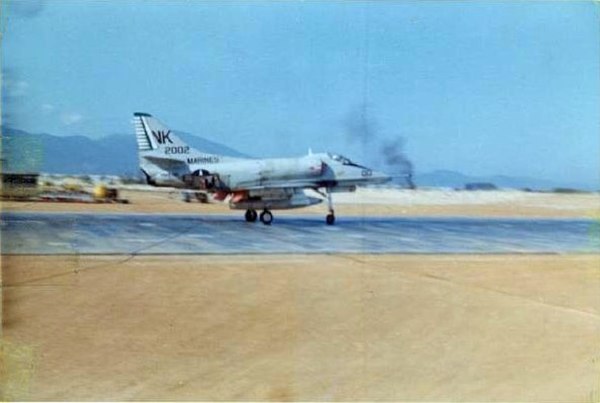 A VMA-121 A-4E making an arrested landing at Chu Lai, March 1967