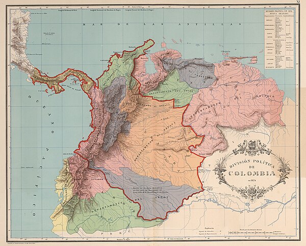A map of Gran Colombia showing the 12 departments created in 1824 and territories disputed with neighboring countries
