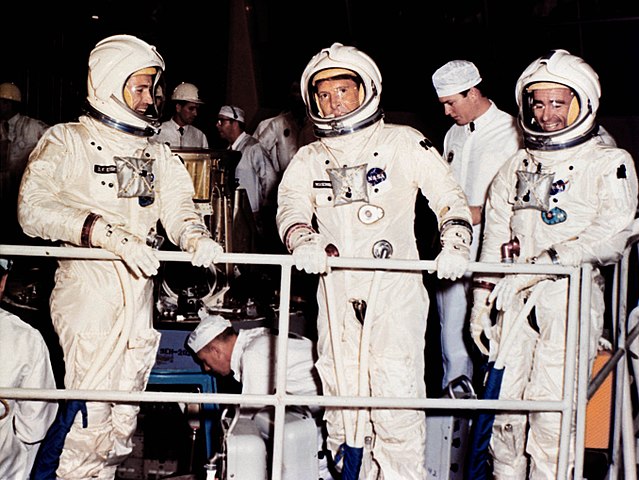 The prime crew for the second planned Apollo crewed flight prepares for mission simulator tests at the North American Aviation plant prior to the Apol