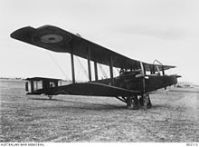 A side view of the Handley-Page 0/400 of No. 1 Squadron, Australian Flying Corps frequently piloted by Captain Ross Macpherson Smith AWMB02113 HandleyPage Aircraft.jpg