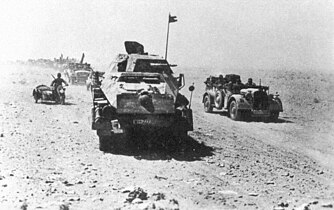 The Panzerjäger-Abteilung 39 (part of "Kampfgruppe Gräf", part of the 21st Panzer Division) of the Afrika Korps on the move, 1942