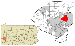 ペンシルベニア州におけるアレゲニー郡（左図）と、同郡におけるペン・ヒルズの位置（赤色）