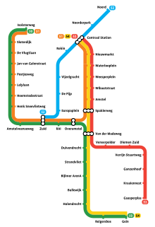 Map of current Amsterdam Metro routes AmsterdamMetroWashingtonStyle (from 2018).svg