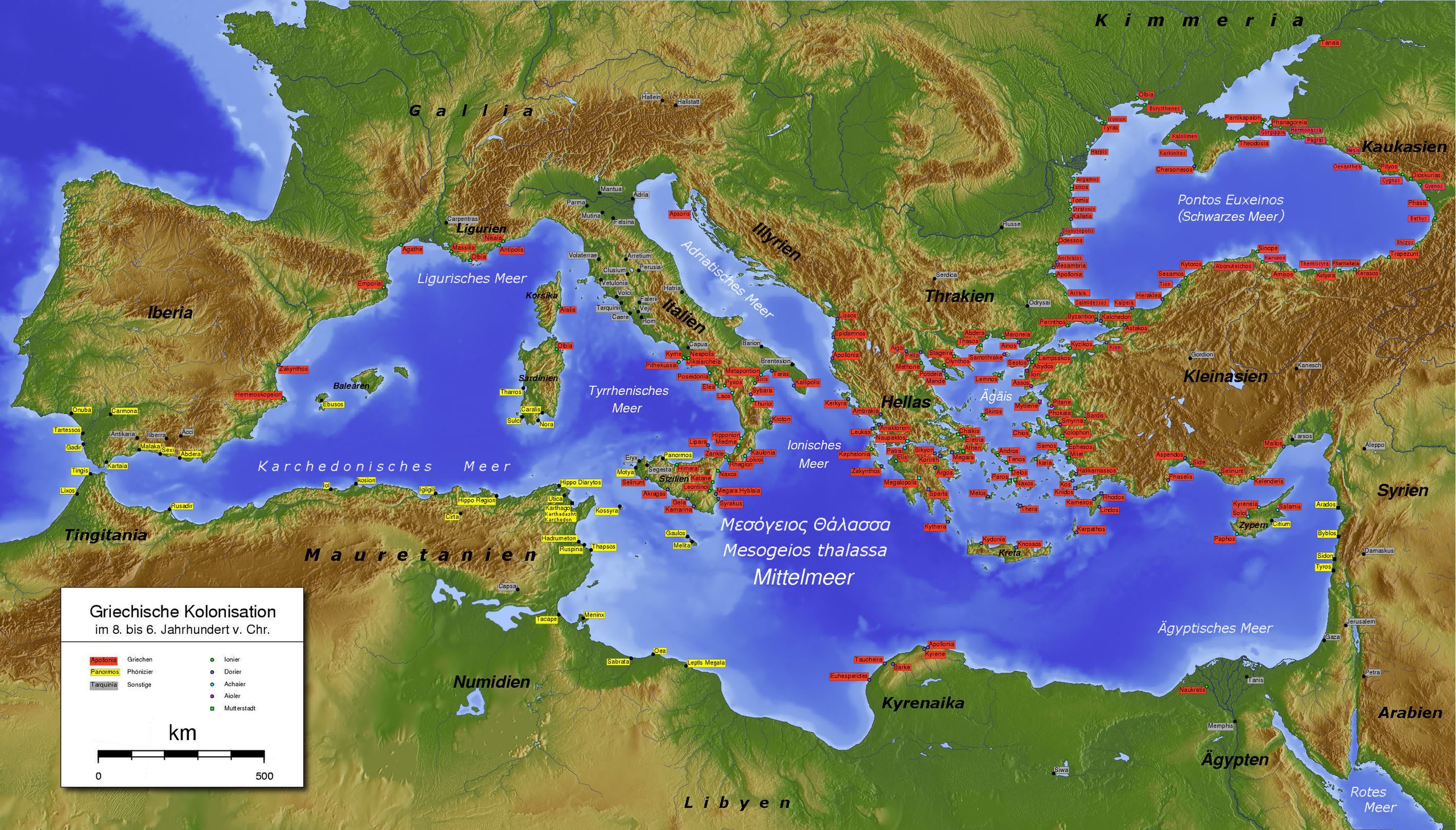 約公元前6世紀的地中海。黃色標籤為腓尼基人建立的城市，紅色為希臘人建立的城市，灰色為其他民族建立的城市。
