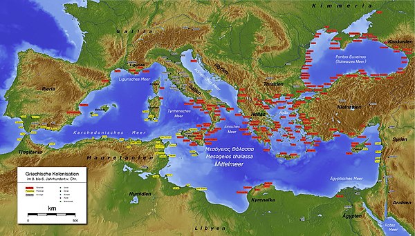 Greek (red) and Phoenician (yellow) colonies in antiquity c. the 6th century BC