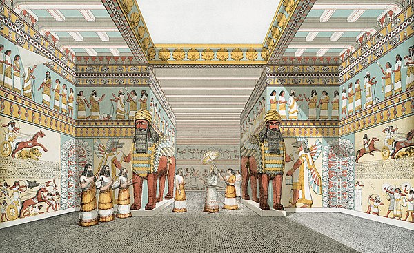 Artist’s impression of a hall in an Assyrian palace from The Monuments of Nineveh by Sir Austen Henry Layard, 1853.jpg