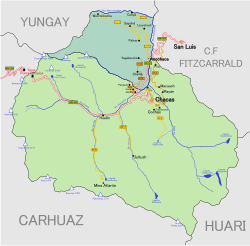 The district of Chacas (marked in light green) extends over the south of the province of Asunción