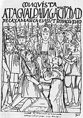 Guaman Poma de Ayala illustration of the meeting of Atahualpa and Francisco Pizarro