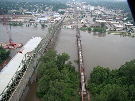 The new Atchison Bridge, the Amelia Earhart Bridge and the Atchison rail bridge on June 26, 2011, during the 2011 Missouri River floods