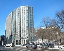 Avalon Morningside Park, built on a portion of the cathedral close in 2007 Avalon Morningside sun snow jeh.jpg