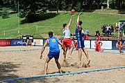 Deutsch: Beachhandball Europameisterschaften 2019 (Beach handball Euro); Tag 6: 7. Juli 2019 – Platzierungsspiele Rang 13-16 Männer, Rumänien-Serbien 2:0 (21:18, 22:20) English: Beach handball Euro; Day 6: 7 July 2019 – Placement Match 13–16 Men – Romania-Serbia 2:0 (21:18, 22:20)