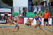 Deutsch: Beachhandball Europameisterschaften 2019 (Beach handball Euro); Tag 5: 6. Juli 2019 – Frauen, Halbfinale, Ungarn-Niederlande 2:0 (19:16, 15:12) English: Beach handball Euro; Day 5: 6 July 2019 – Semifinal Women – Hungary-Netherlands 2:0 (19:16, 15:12)