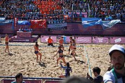 Deutsch: Beachhandball bei den Olympischen Jugendspielen 2018; Tag 3, 10. Oktober 2018; Mädchen, Vorrunde, Gruppe B - Niederlande-Argentinien 2:0 English: Beach handball at the 2018 Summer Youth Olympics at 10 October 2018 – Girls Preliminary Round Group B‎ – Netherlands-Argentina 2:0