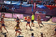 Deutsch: Beachhandball bei den Olympischen Jugendspielen 2018; Tag 3, 10. Oktober 2018; Mädchen, Vorrunde, Gruppe B - Niederlande-Argentinien 2:0 English: Beach handball at the 2018 Summer Youth Olympics at 10 October 2018 – Girls Preliminary Round Group B‎ – Netherlands-Argentina 2:0