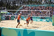 Deutsch: Beachvolleyball bei den Olympischen Jugendspielen 2018; Tag 11, 17. Oktober 2018; Jungen,Finale – Niederlande (Matthew Immers/Yorick de Groot)-Schweden (David Åhman/Jonatan Hellvig) 0:2 (20–22/15–21) English: Beach volleyball at the 2018 Summer Youth Olympics at 17 October 2018 – Final – Netherlands (Matthew Immers/Yorick de Groot)-Sweden (David Åhman/Jonatan Hellvig) 0:2 (20–22/15–21)