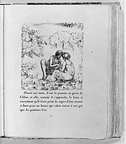 Bir metin içeren kitap sayfası ve üzerinde pastoral bir manzarada sohbet eden ve el ele tutuşan bir erkek ve bir kadının resmi