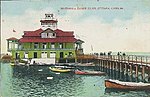 Postcard of the Britannia Boating Club House c 1905-6 on the pier designed by Charles Kivas Band (architect)