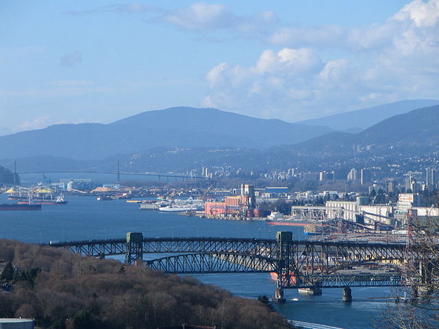 Burrard Inlet and the Second Narrows Ironworkers Memorial Bridge, looking west from Capitol Hill in Burnaby