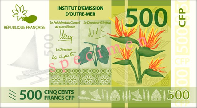 A 500-CFP franc (€4.20; US$5.00) banknote, used in French Polynesia, New Caledonia and Wallis and Futuna