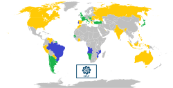 正式會員國（藍色） 觀察員國（綠色） 官方有意向加入的國家和地區（金色）