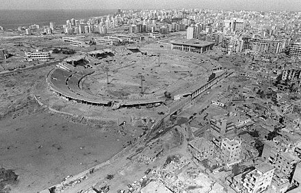 An aerial view of the stadium used as an ammunition supply site for the PLO after Israeli airstrikes in 1982