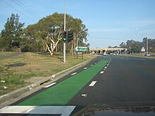 Many of Canberra's main roads incorporate on-road cycle lanes as well as off-road shared paths Canberra bicycle lane.jpg