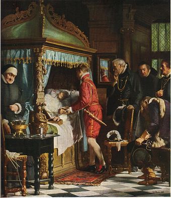 At the death bed of Niels Kaas. The 17-year-old Christian IV receives from the dying chancellor the keys to the vault where the royal crown and sceptre are stored.History painting by Carl Bloch, 1880.
