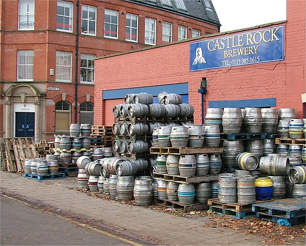 Modern stainless steel casks and kegs outside the Castle Rock microbrewery in Nottingham, England