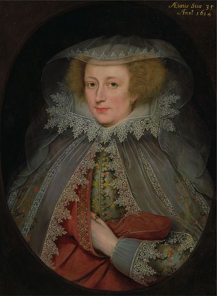 Catherine Killigrew (born 1579) (Lady Jermyn), at age 35, daughter of Sir William Killigrew and wife of Sir Thomas Jermyn (died 1645). 1614 Portrait b