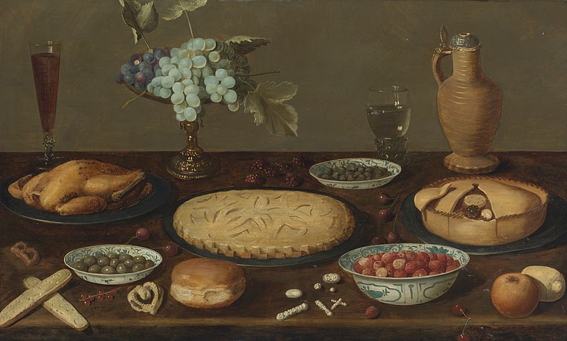 File:Circle of Jacob van Es Still Life with Meat Pies, a Roast Fowl, Olives, Capers and Strawberries.jpg