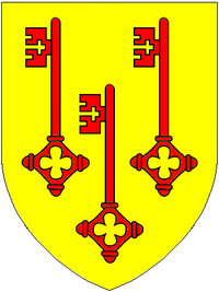 Arms of Clavell of Burlescombe: Or, three keys gules. These are canting arms derived from the Latin Clavis, a "key" ClavellArms.PNG