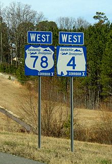 ADHS signs for U.S. Route 78/Alabama State Route 4/ADHS Corridor X with their distinctive blue color. Most other states do not have distinctive highway shields for ADHS, however. Corridor X shields along future Interstate 22 in Alabama.jpg