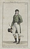 Ilustrație din 1809 care arată cum e îmbrăcămintea masculină Empire, din Journal des dames et des modes