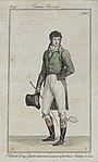 1809年的服裝店宣傳畫中所描繪的服裝，展示了一位穿著騎馬裝束的男性