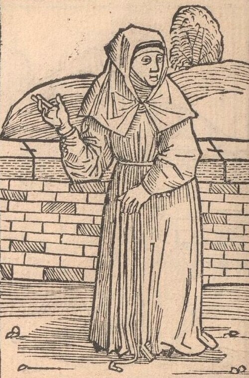 Print of a Beguine in Des dodes dantz of Matthäus Brandis, Lübeck 1489.