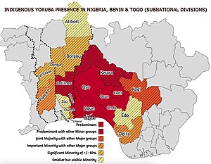 Degree of Presence of The Yoruba and 'Yoruba derived' groups in Nigeria, Benin and Togo at Subnational levels.jpg