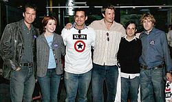 (From left to right) Alexis Denisof, Alyson Hannigan, Brendon, Nathan Fillion, Danny Strong and Tom Lenk at a John Kerry fundraiser