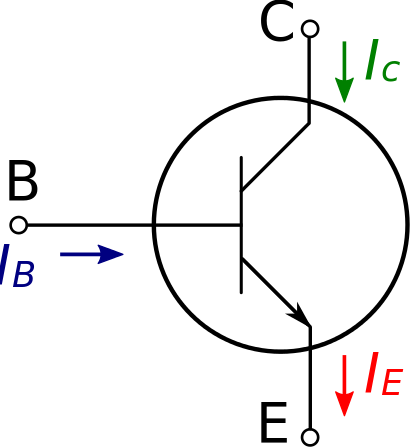 Symbol for NPN bipolar transistor with current flow direction