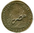 Anverso de moneda de 8 reales (plata) de Carlos III de 1788 con resello de Egipto.