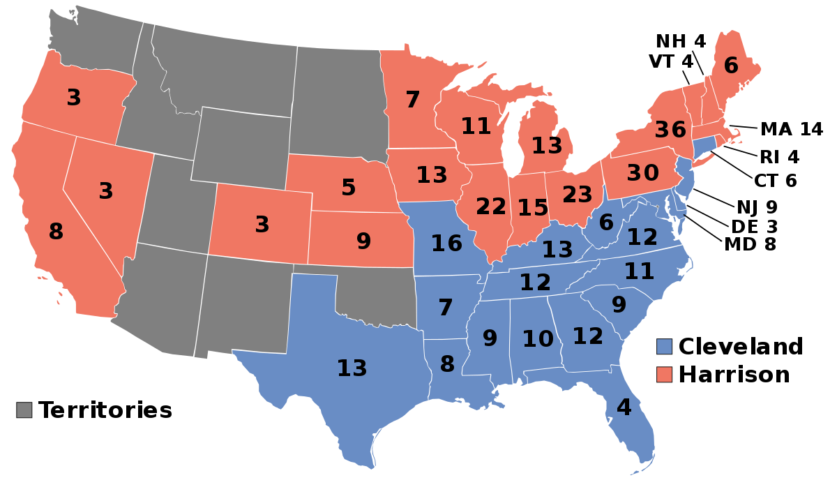 Image result for Benjamin Harrison (D) defeats Grover Cleveland (R)