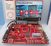 LPC 4330-based development board from German manufacturer Hitex Embedded World 2014 Hitex Developer Board (03).jpg
