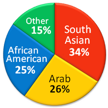 According to the U.S. Department of State (2009), the largest ethnic groups of American Muslims are those of South Asian, Arab and African-American descent. Ethnic composition of Muslim Americans.png