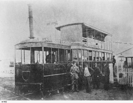 Eureka steam motor purchased second-hand from Port Adelaide and Queenstown Tramway Company in April 1883. Used on Glenelg line between South Terrace and Goodwood Eureka, Steam Motor - B 7862.jpg