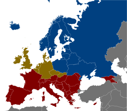 Traditional alcohol belts in Europe; red indicates wine, gold indicates beer, and blue indicates vodka or other spirits