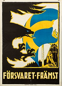 An election poster from the party in 1914 stating that military defense comes first Forsvaret framst.JPG