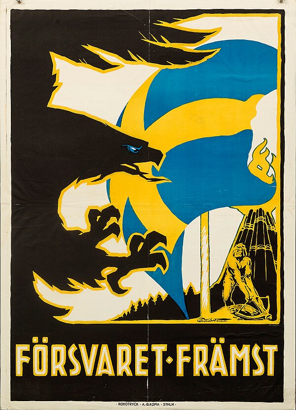 An election poster from the party in 1914 stating that military defense comes first.